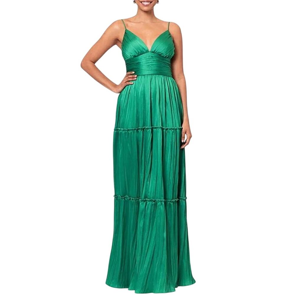 Betsy & Adam Women's 8 Green Pleated Tiered Ruffle Formal Party Gown OS44-15